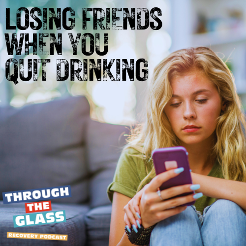 Image: A woman sits, looking at her phone with a thoughtful expression. The background is blurred, focusing attention on her. This image represents the theme of losing friends in sobriety, reflecting the emotional journey discussed in the podcast episode