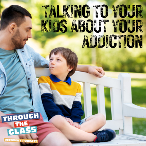 An image of a man sitting with a young boy, engaging in a serious conversation. The man gestures as he discusses recovery from alcohol addiction, while the attentive boy listens intently. Keywords: talking to your kids about your addiction