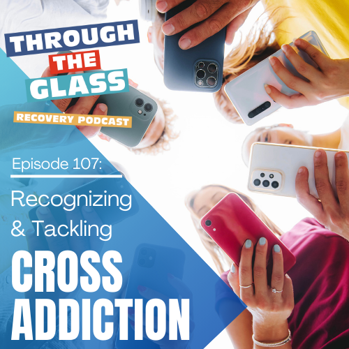 image: four cell phones held in hands, shown from below. Image symbolizes screen and social media addiction, in reference to the episode title: Recognizing and Tackling Cross Addiction in Recovery