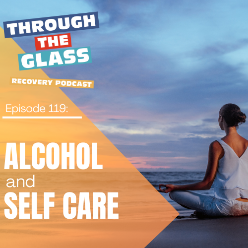 image: a woman wearing white, meditating on a beach. The ocean and cloudy sky are visible behind her. The image symbolizes alcohol and self care, and how to take care of yourself in addiction recovery.